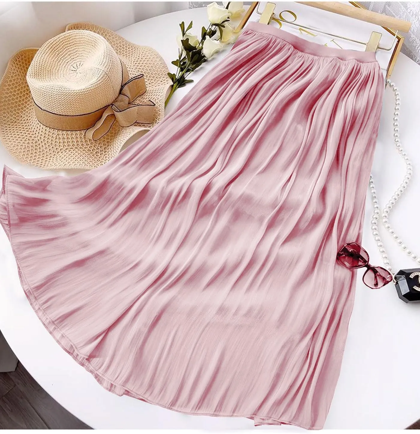 Women's Metallic Shiny Maxi Skirts Lightweight Silky Flowy Skirt for Summer Beach Holiday
