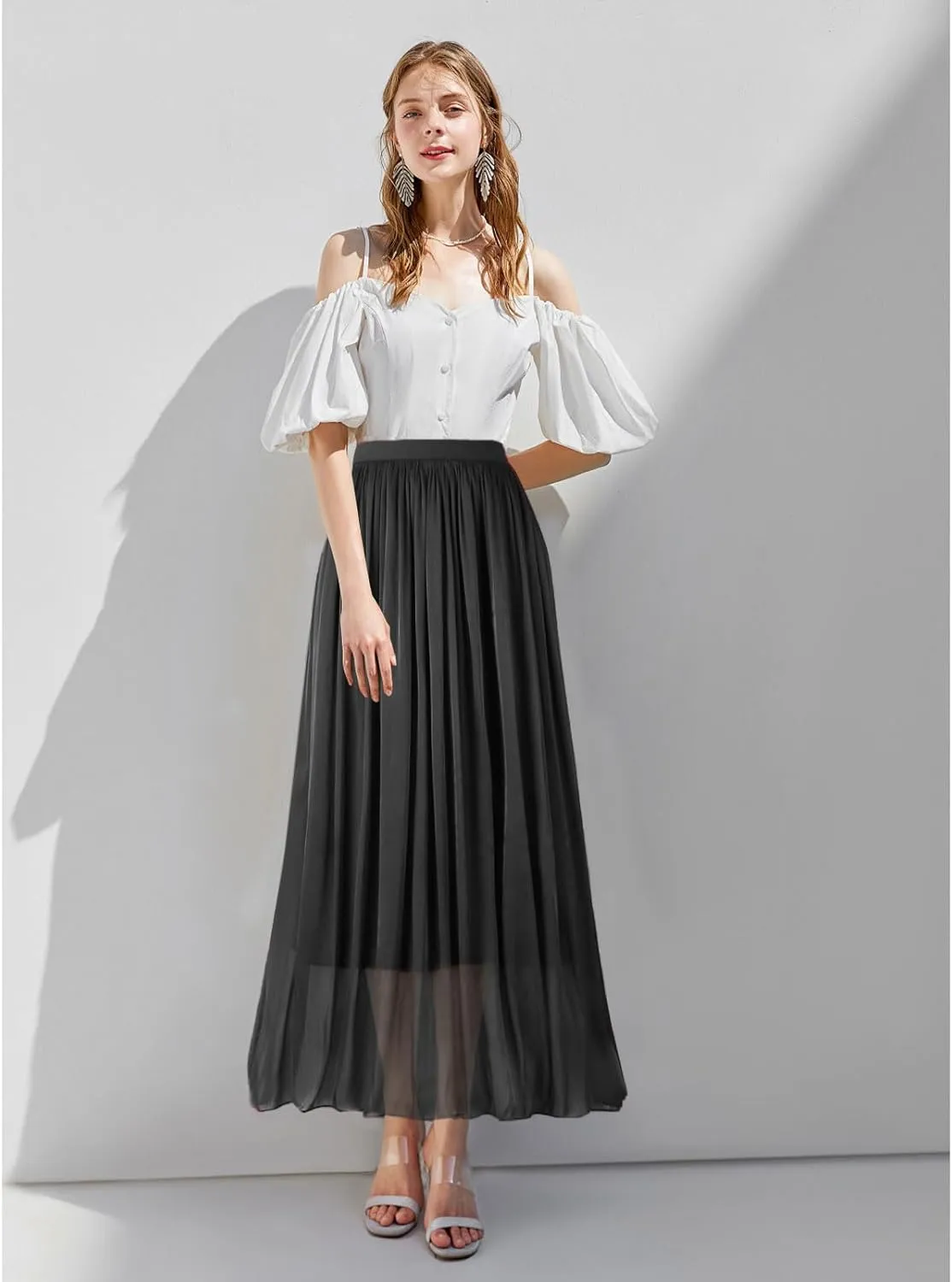 Women's Metallic Shiny Maxi Skirts Lightweight Silky Flowy Skirt for Summer Beach Holiday