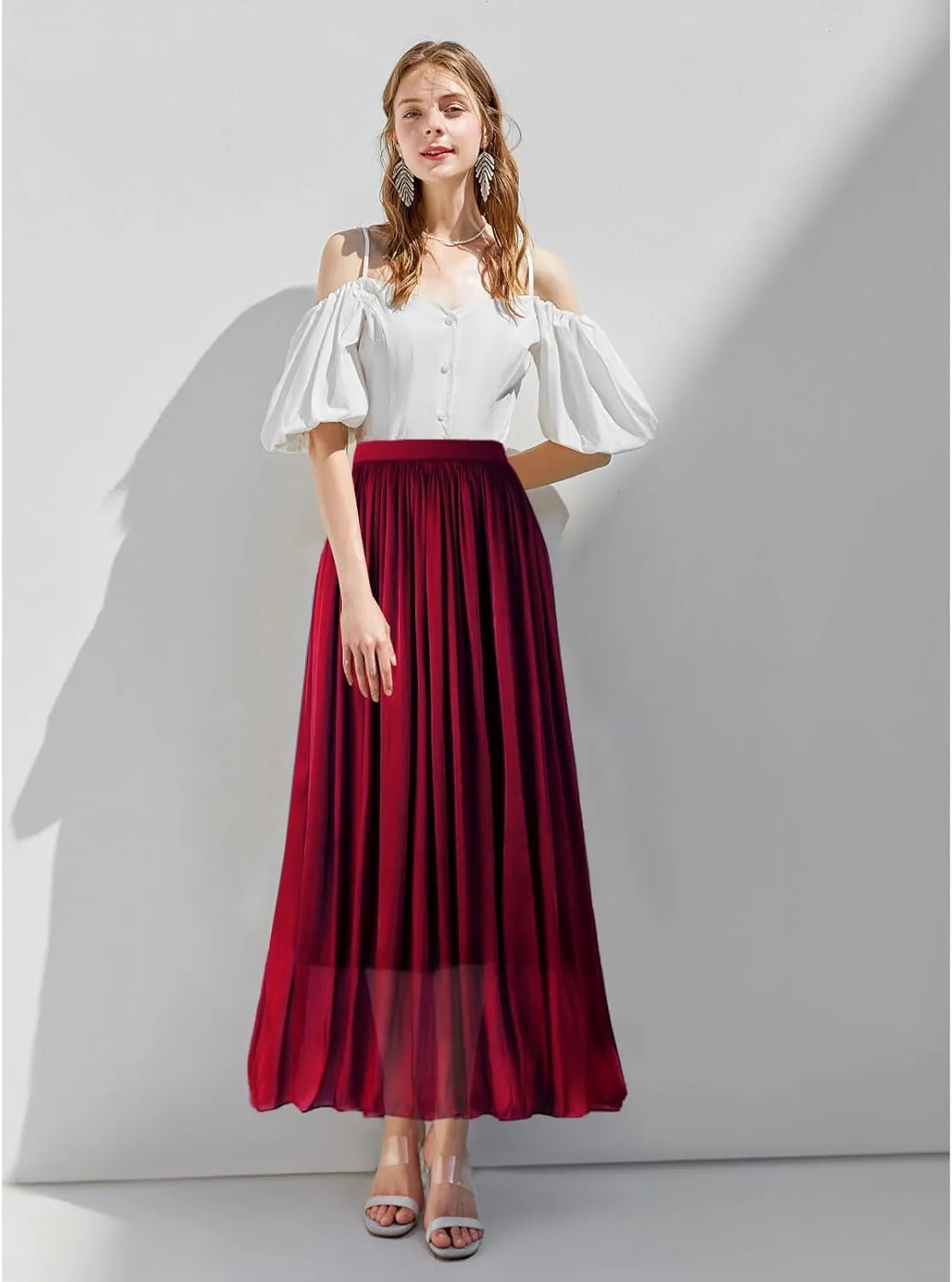 Women's Metallic Shiny Maxi Skirts Lightweight Silky Flowy Skirt for Summer Beach Holiday