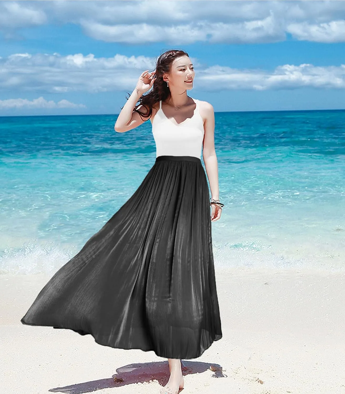 Women's Metallic Shiny Maxi Skirts Lightweight Silky Flowy Skirt for Summer Beach Holiday