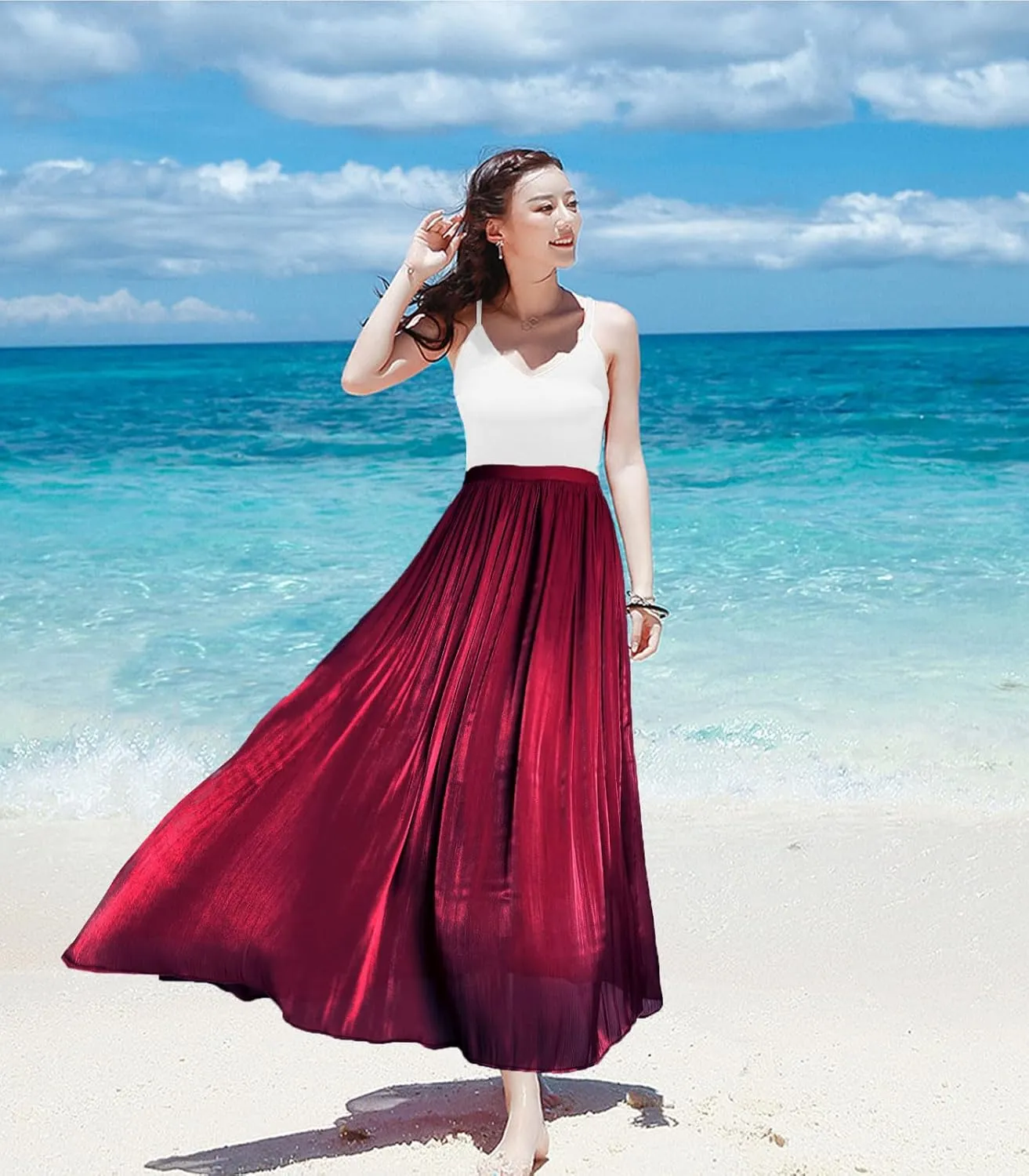 Women's Metallic Shiny Maxi Skirts Lightweight Silky Flowy Skirt for Summer Beach Holiday