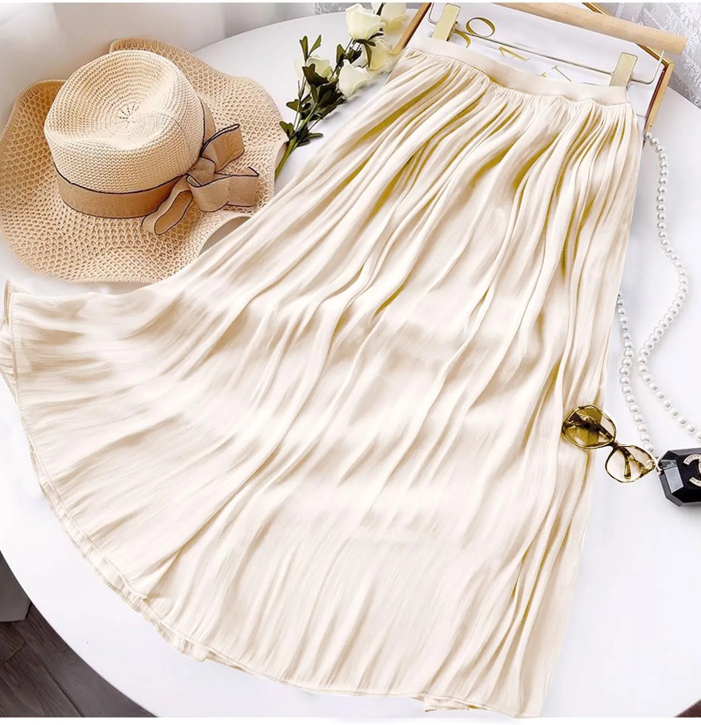 Women's Metallic Shiny Maxi Skirts Lightweight Silky Flowy Skirt for Summer Beach Holiday