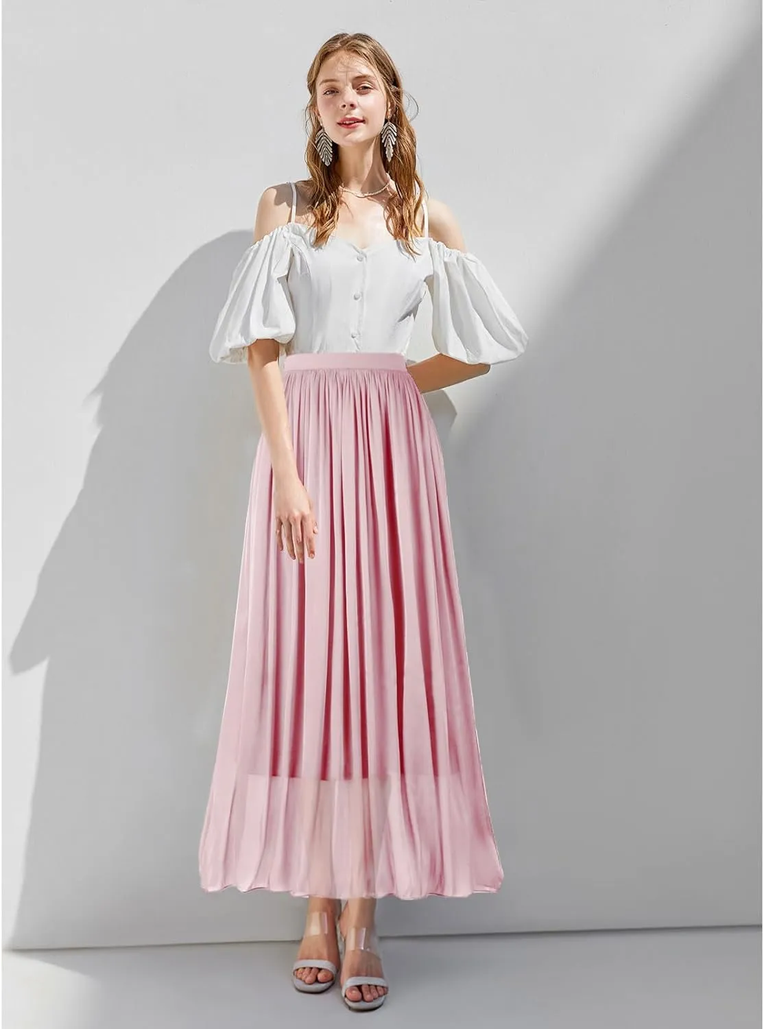 Women's Metallic Shiny Maxi Skirts Lightweight Silky Flowy Skirt for Summer Beach Holiday