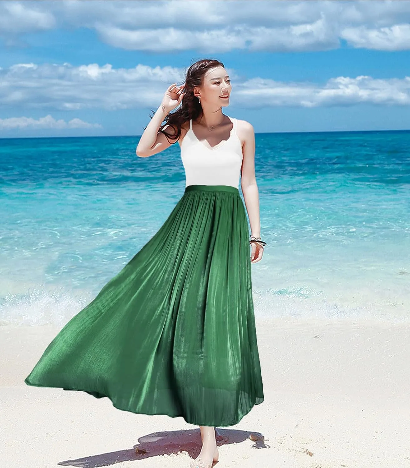 Women's Metallic Shiny Maxi Skirts Lightweight Silky Flowy Skirt for Summer Beach Holiday