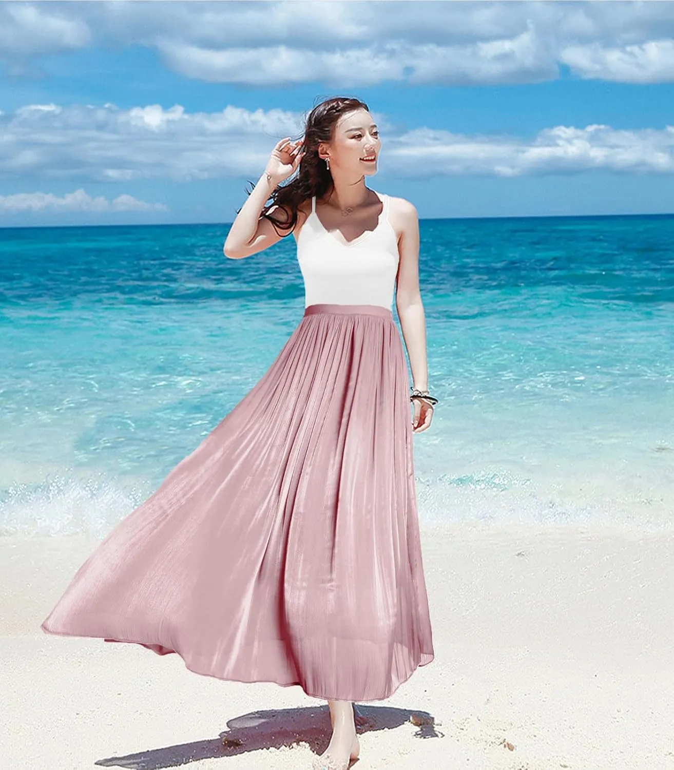 Women's Metallic Shiny Maxi Skirts Lightweight Silky Flowy Skirt for Summer Beach Holiday