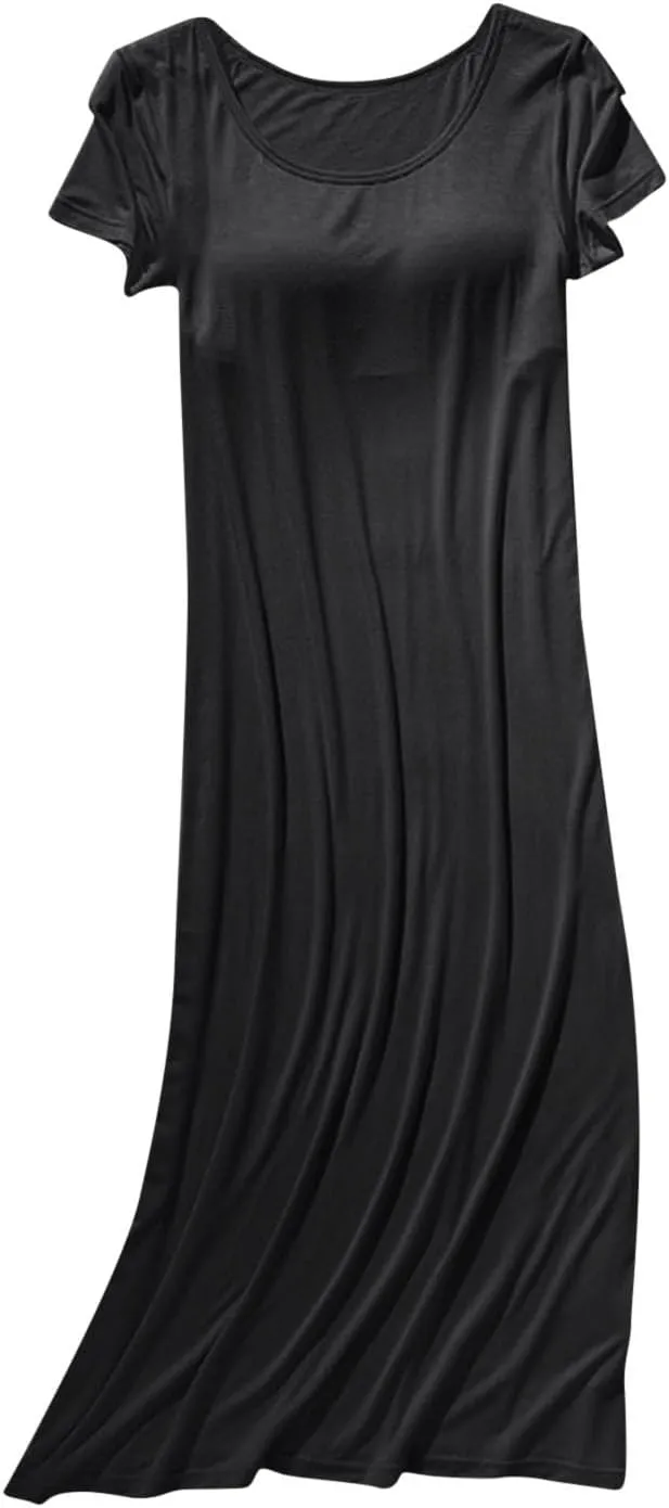 Women's Nightgown Soft Modal Sleep Dress Summer Short Sleeve Loose Comfy Sleepwear with Built in Shelf Bra
