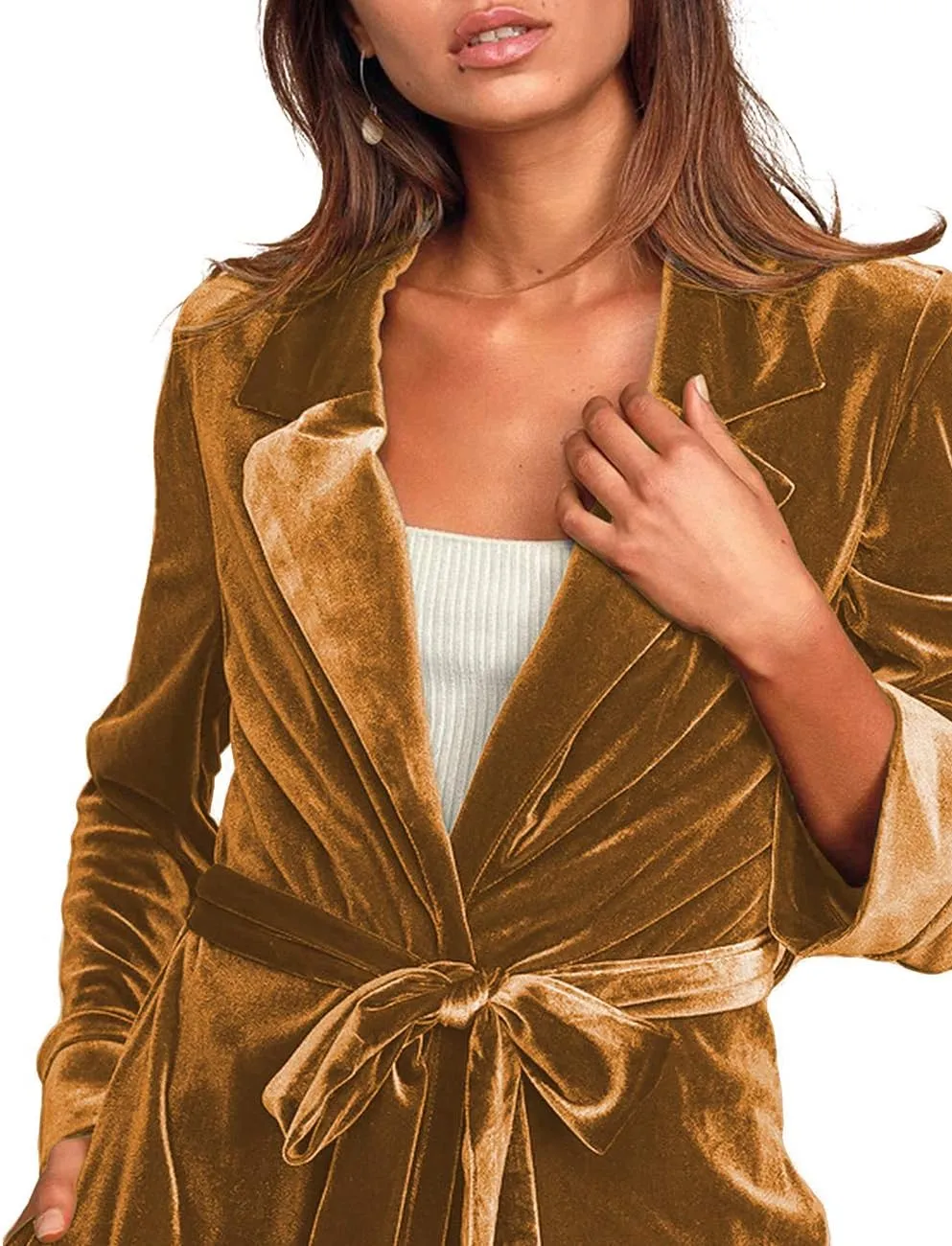 Women's Notched Collar Long Velvet Trench Jacket Open Front Maxi Length Velvet Blazer Cardigan Coat