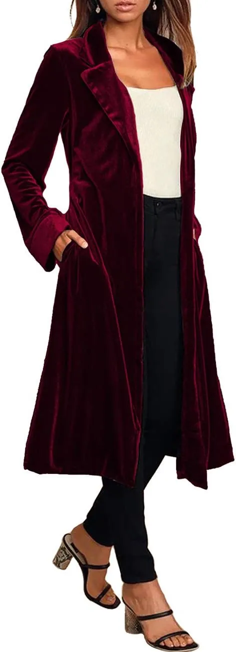 Women's Notched Collar Long Velvet Trench Jacket Open Front Maxi Length Velvet Blazer Cardigan Coat
