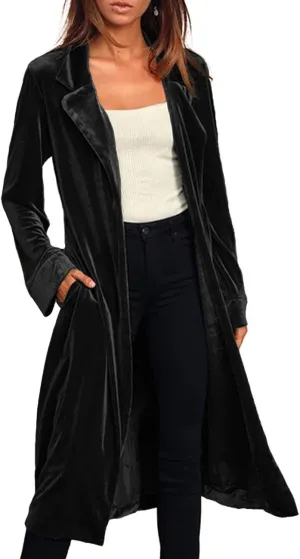 Women's Notched Collar Long Velvet Trench Jacket Open Front Maxi Length Velvet Blazer Cardigan Coat
