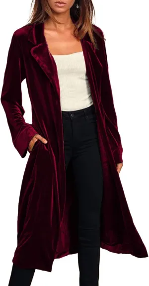 Women's Notched Collar Long Velvet Trench Jacket Open Front Maxi Length Velvet Blazer Cardigan Coat