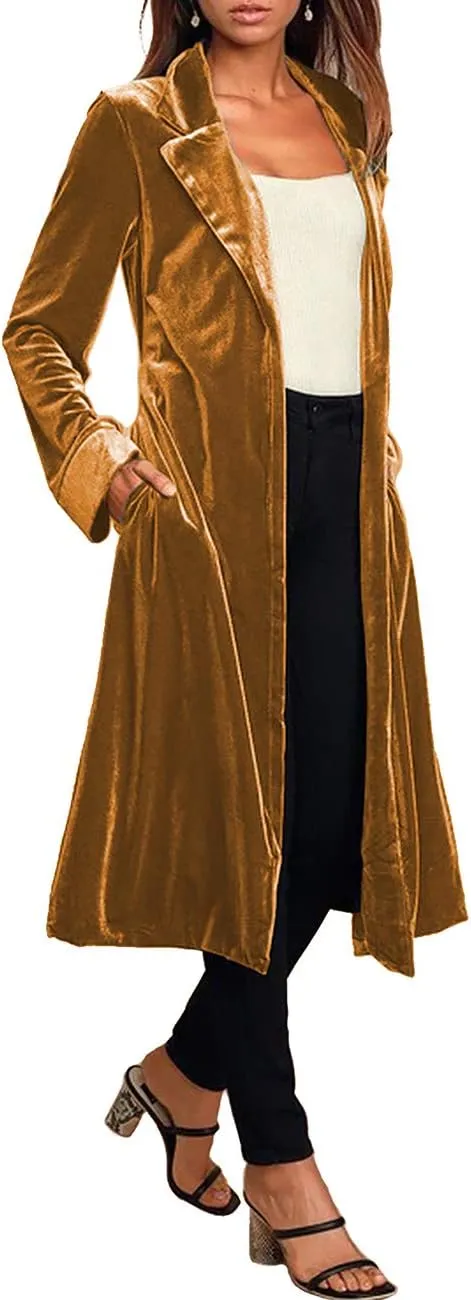 Women's Notched Collar Long Velvet Trench Jacket Open Front Maxi Length Velvet Blazer Cardigan Coat