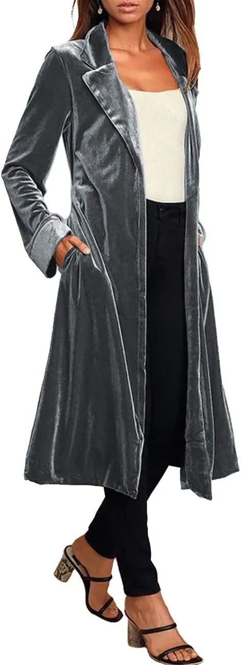 Women's Notched Collar Long Velvet Trench Jacket Open Front Maxi Length Velvet Blazer Cardigan Coat