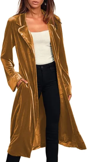 Women's Notched Collar Long Velvet Trench Jacket Open Front Maxi Length Velvet Blazer Cardigan Coat