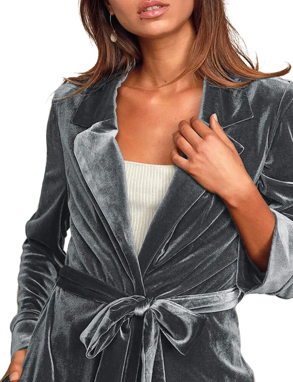 Women's Notched Collar Long Velvet Trench Jacket Open Front Maxi Length Velvet Blazer Cardigan Coat