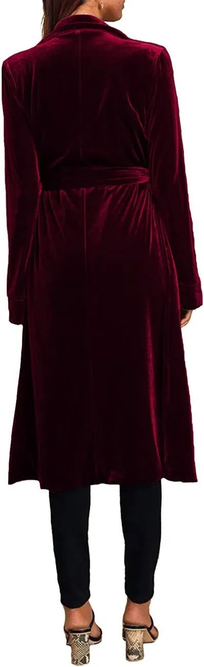 Women's Notched Collar Long Velvet Trench Jacket Open Front Maxi Length Velvet Blazer Cardigan Coat