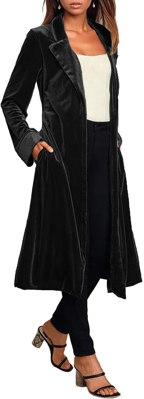 Women's Notched Collar Long Velvet Trench Jacket Open Front Maxi Length Velvet Blazer Cardigan Coat