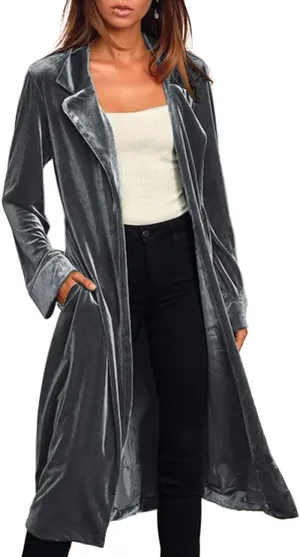 Women's Notched Collar Long Velvet Trench Jacket Open Front Maxi Length Velvet Blazer Cardigan Coat