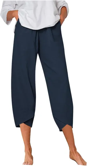 Women's Pants Casual Summer Elastic High Waist Linen Pants Straight Leg Wide Leg Cropped Pants Yoga Pants Plus
