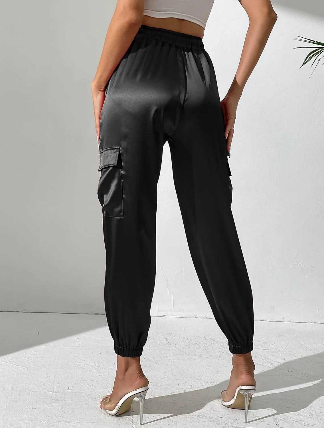 Women's Satin Cargo Joggers Pants Dressy Casual Silky Elastic High Waist Trousers