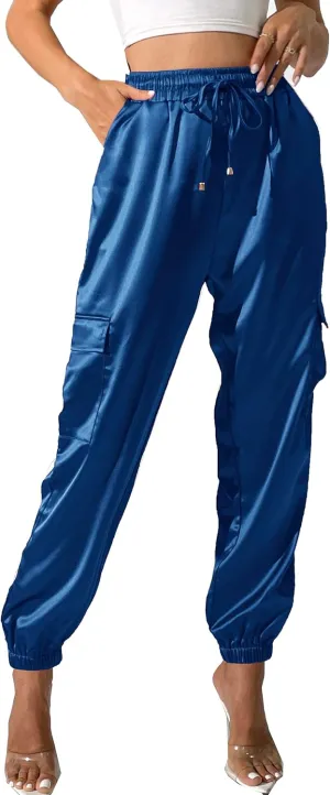 Women's Satin Cargo Joggers Pants Dressy Casual Silky Elastic High Waist Trousers