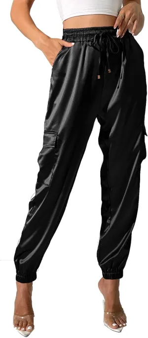 Women's Satin Cargo Joggers Pants Dressy Casual Silky Elastic High Waist Trousers