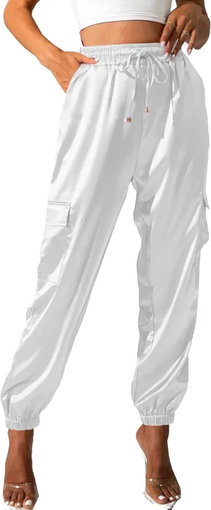 Women's Satin Cargo Joggers Pants Dressy Casual Silky Elastic High Waist Trousers