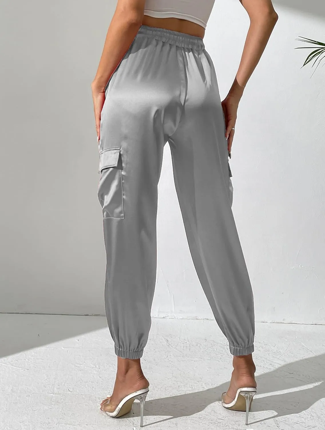 Women's Satin Cargo Joggers Pants Dressy Casual Silky Elastic High Waist Trousers