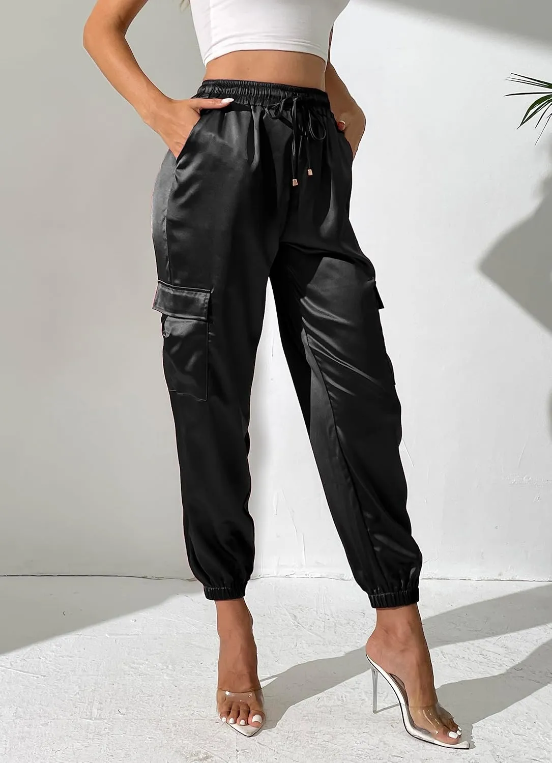Women's Satin Cargo Joggers Pants Dressy Casual Silky Elastic High Waist Trousers