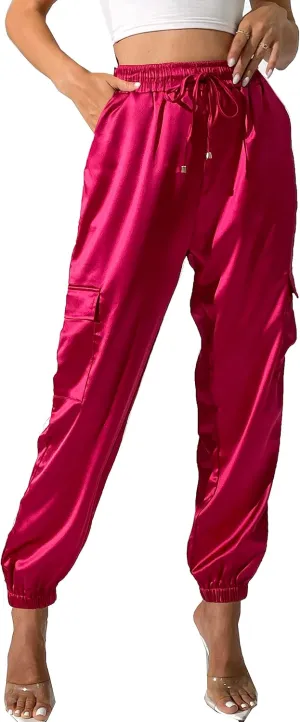 Women's Satin Cargo Joggers Pants Dressy Casual Silky Elastic High Waist Trousers