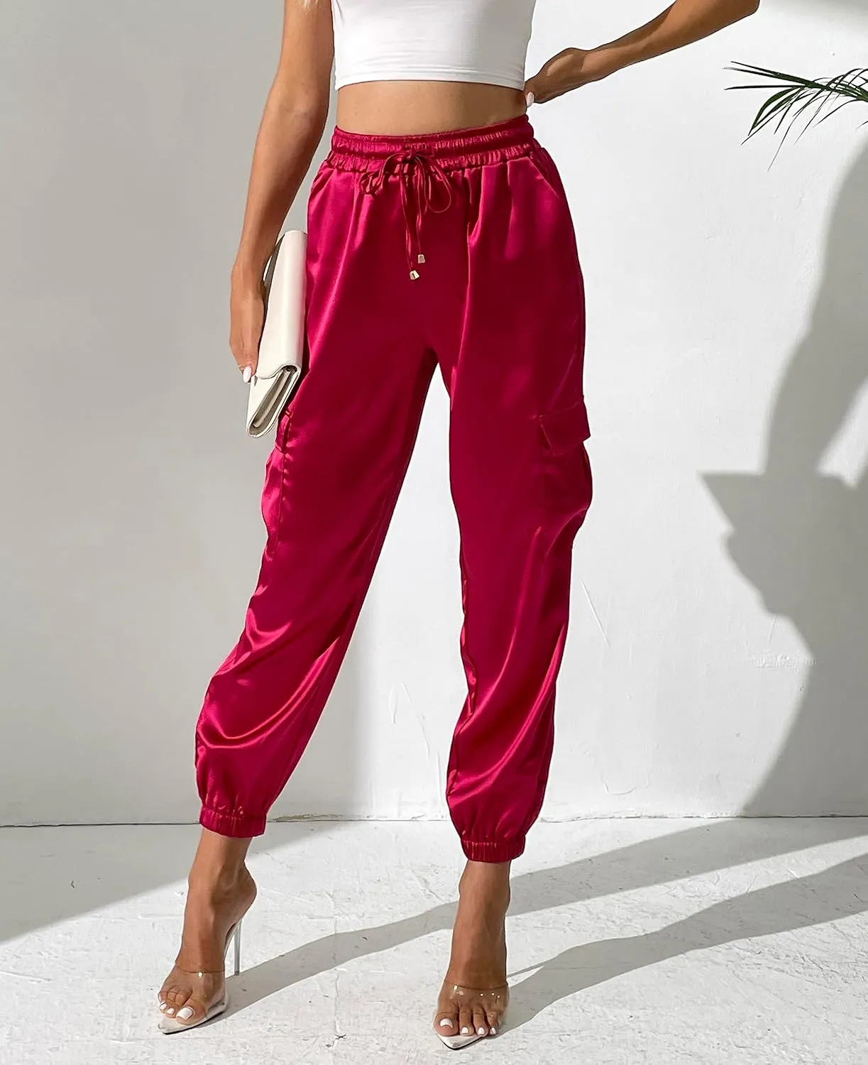 Women's Satin Cargo Joggers Pants Dressy Casual Silky Elastic High Waist Trousers