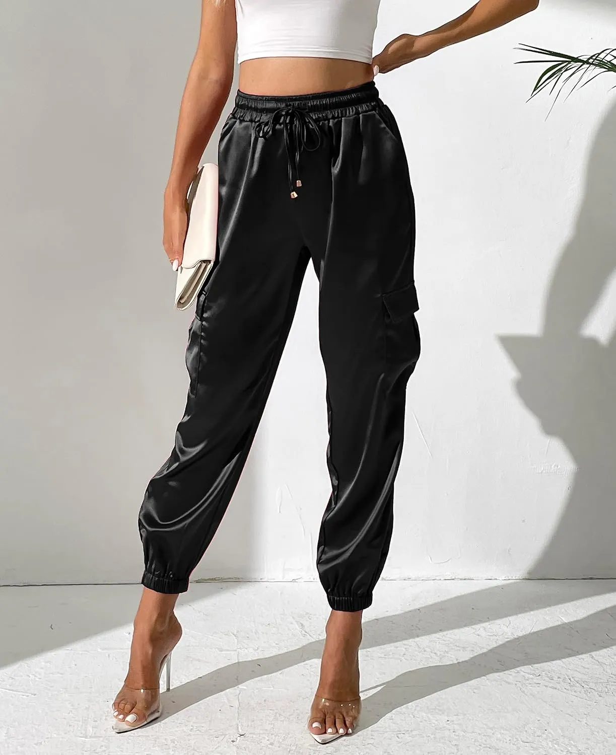 Women's Satin Cargo Joggers Pants Dressy Casual Silky Elastic High Waist Trousers