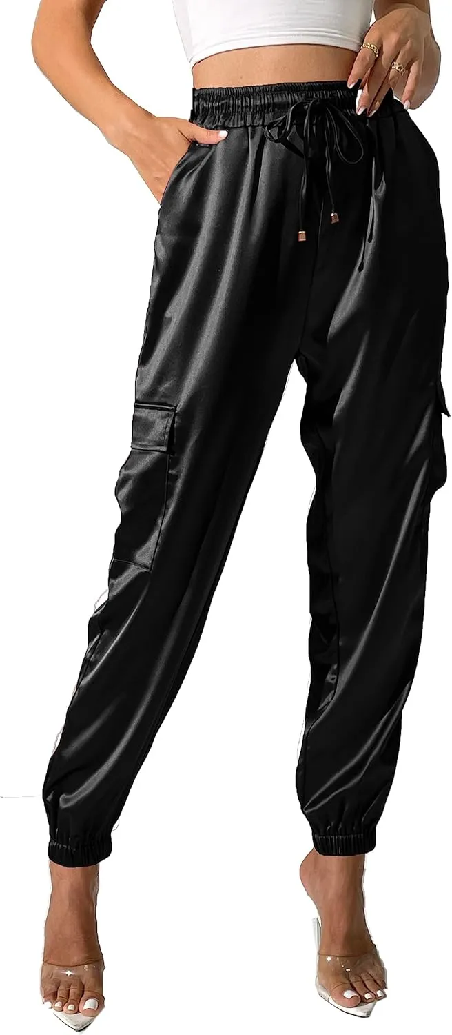 Women's Satin Cargo Joggers Pants Dressy Casual Silky Elastic High Waist Trousers