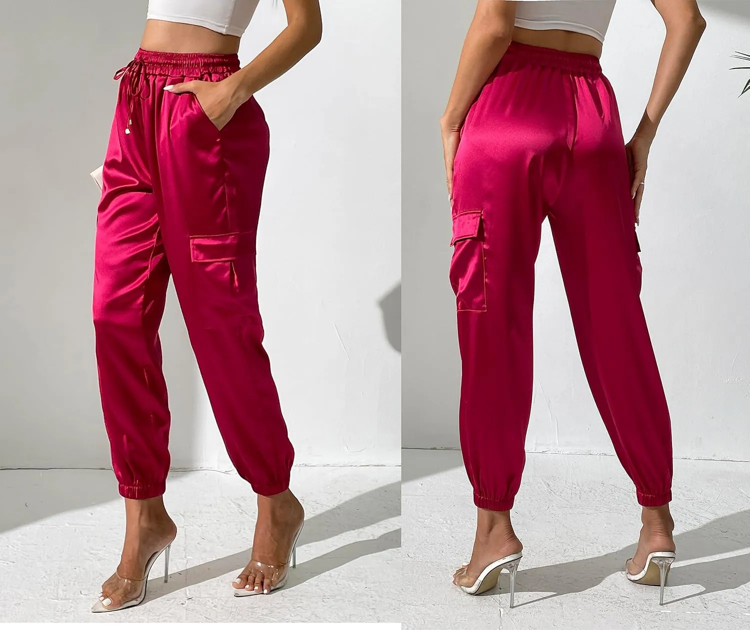 Women's Satin Cargo Joggers Pants Dressy Casual Silky Elastic High Waist Trousers