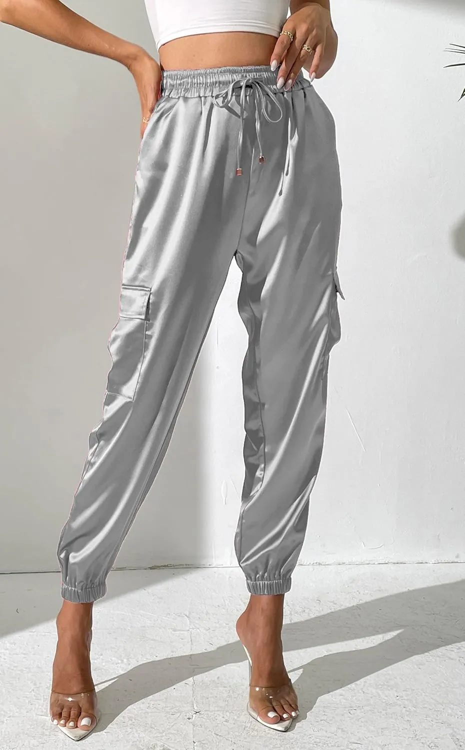 Women's Satin Cargo Joggers Pants Dressy Casual Silky Elastic High Waist Trousers
