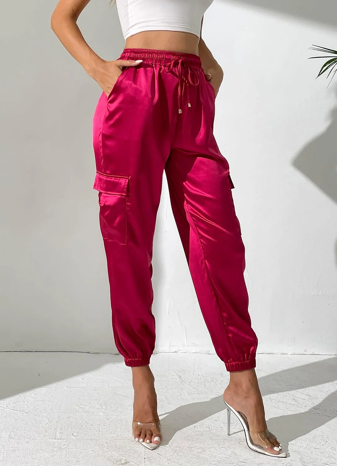 Women's Satin Cargo Joggers Pants Dressy Casual Silky Elastic High Waist Trousers