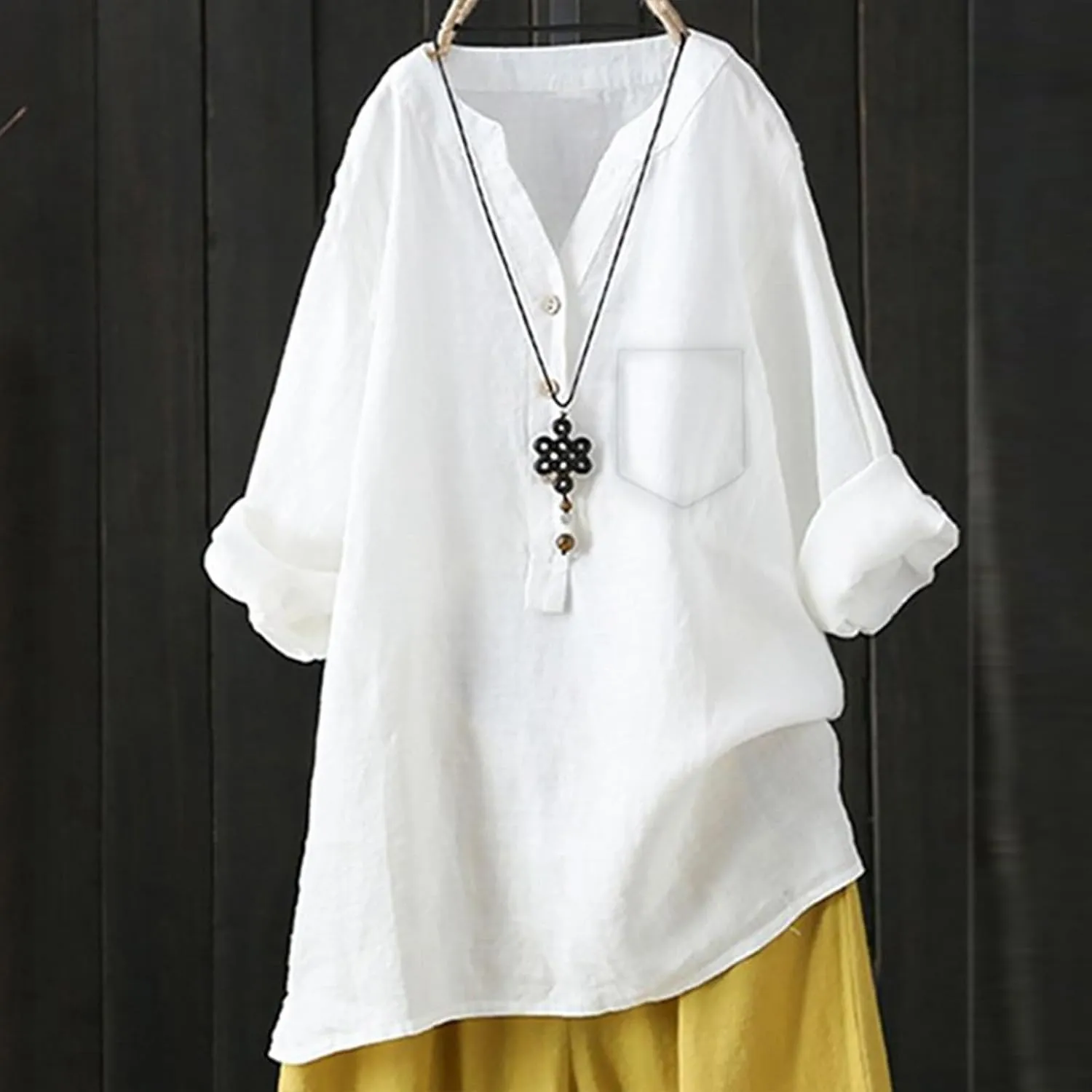 Women's Short Sleeve Cotton Linen Shirts Casual Round Neck Dress T-Shirt Plain Loose Summer Tshirts