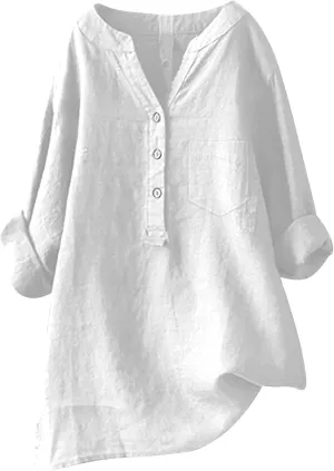Women's Short Sleeve Cotton Linen Shirts Casual Round Neck Dress T-Shirt Plain Loose Summer Tshirts