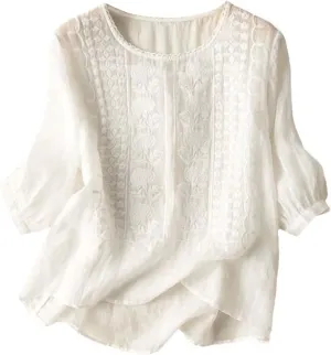 Women's Short Sleeve Cotton Linen Shirts Casual Round Neck Dress T-Shirt Plain Loose Summer Tshirts
