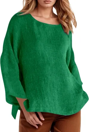 Women's Short Sleeve Linen Shirt Casual Crew Neck Oversized T-Shirt Button Loose Fit Summer Tee Shirt