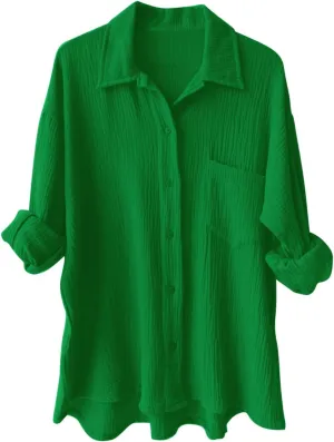 Womens Short Sleeve Linen Shirt Casual Round Neck Oversized T Shirts Button Up Loose Fit Summer Tee Tops