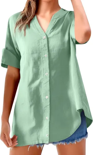 Women's Short Sleeve Linen Shirts Casual Crew Neck Beach T-Shirts Collared Button Down Loose Summer Tshirts