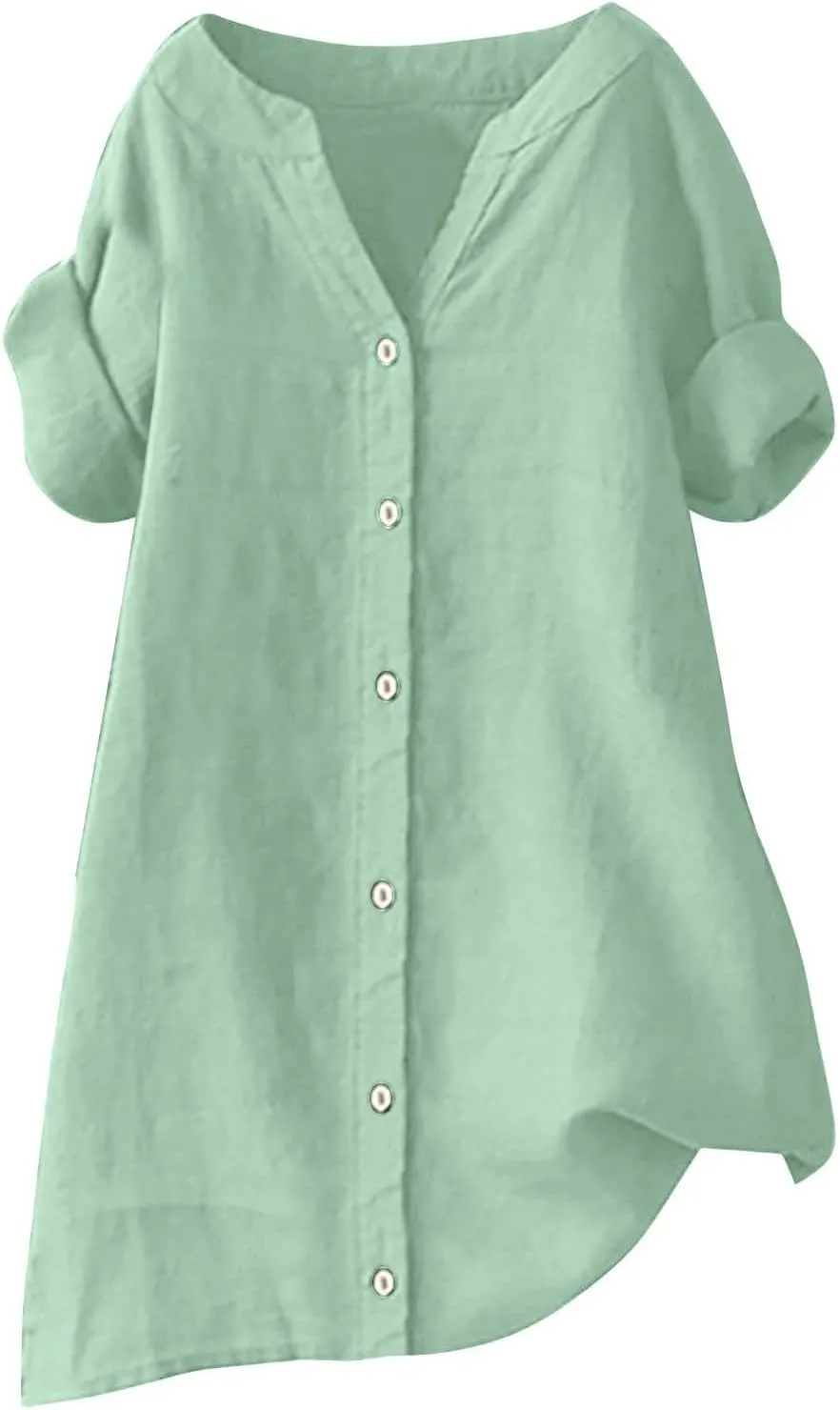 Women's Short Sleeve Linen Shirts Casual Crew Neck Beach T-Shirts Collared Button Down Loose Summer Tshirts