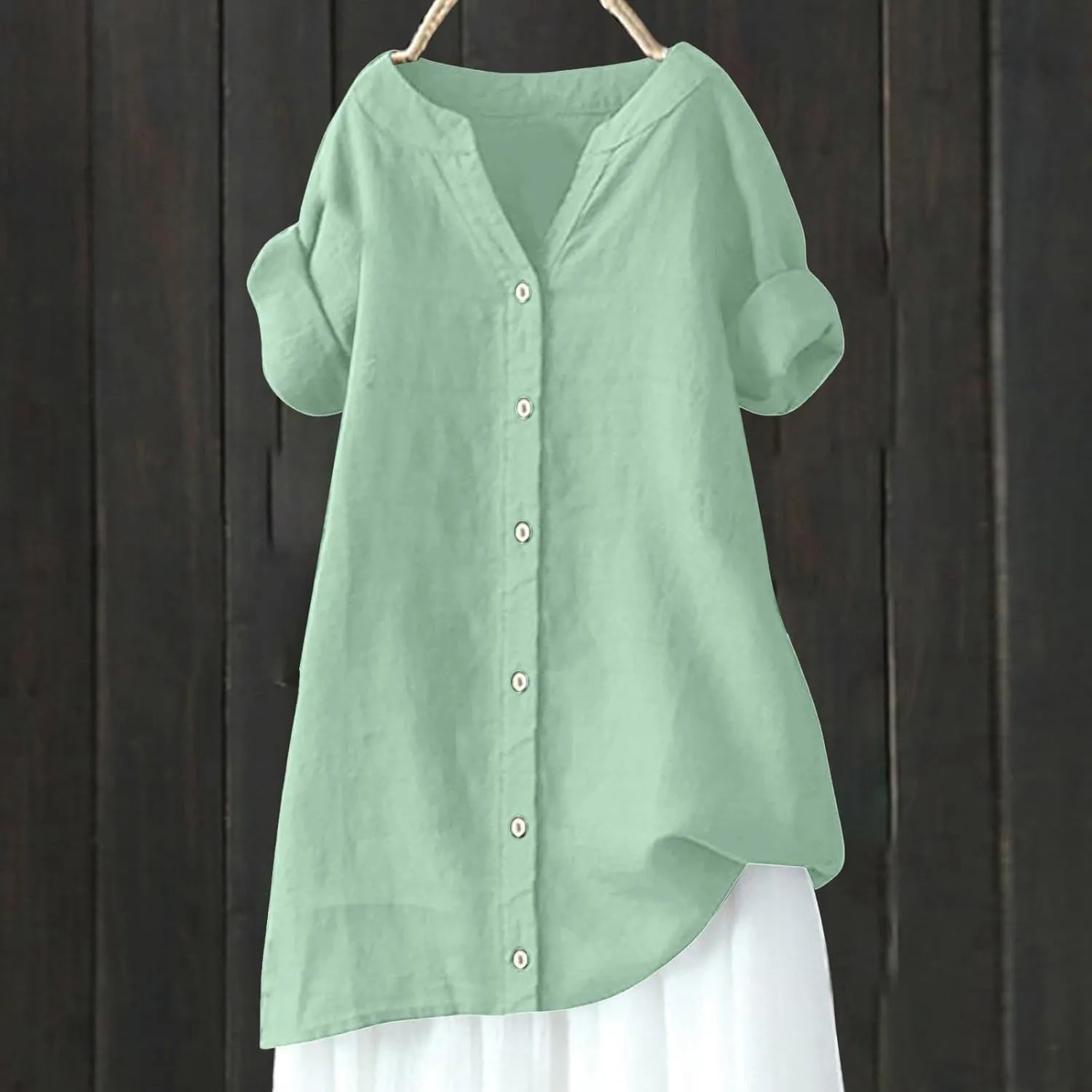 Women's Short Sleeve Linen Shirts Casual Crew Neck Beach T-Shirts Collared Button Down Loose Summer Tshirts