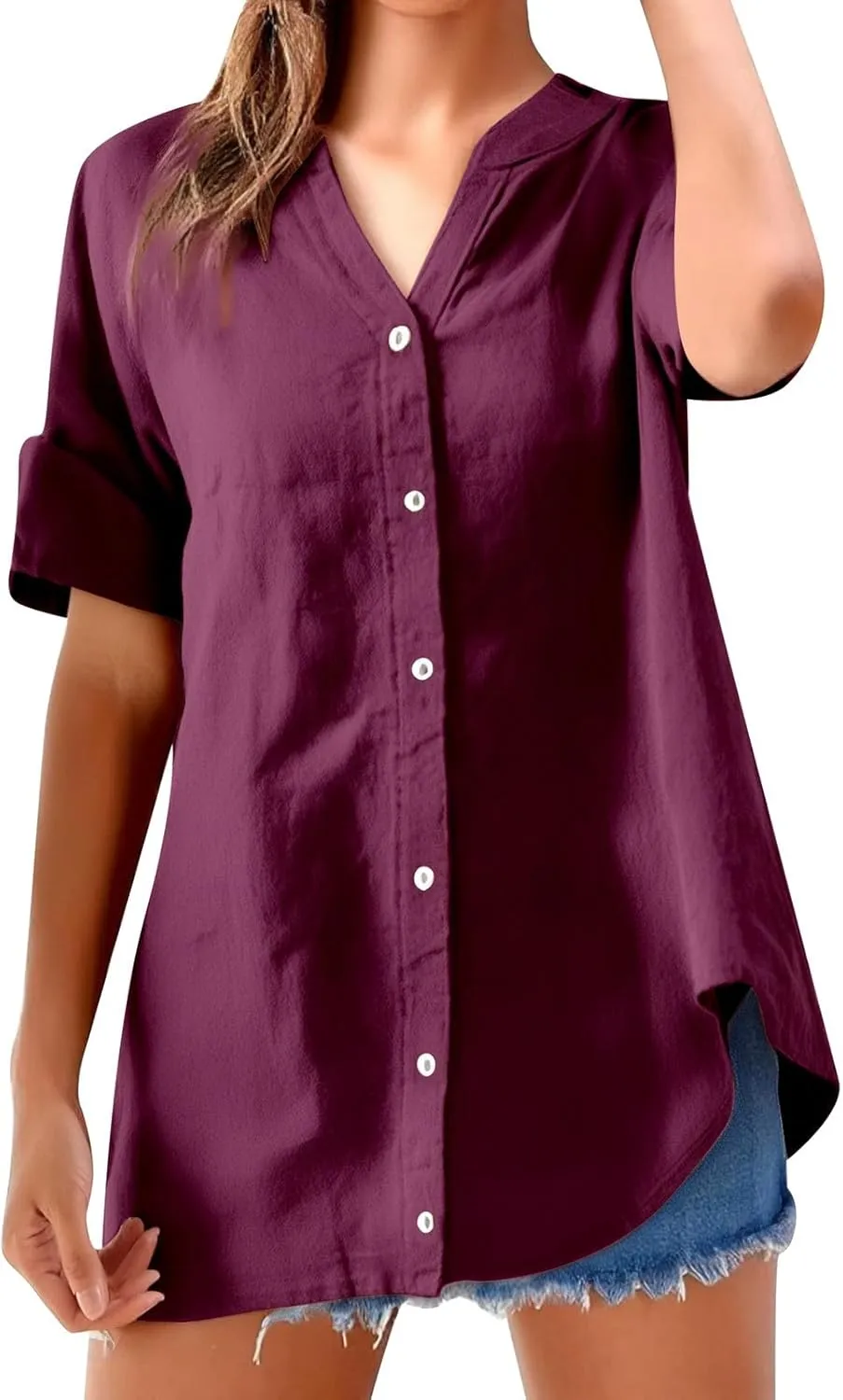 Women's Short Sleeve Linen Shirts Casual Crew Neck Lightweight T-Shirts Button Loose Fit Summer Tee Top