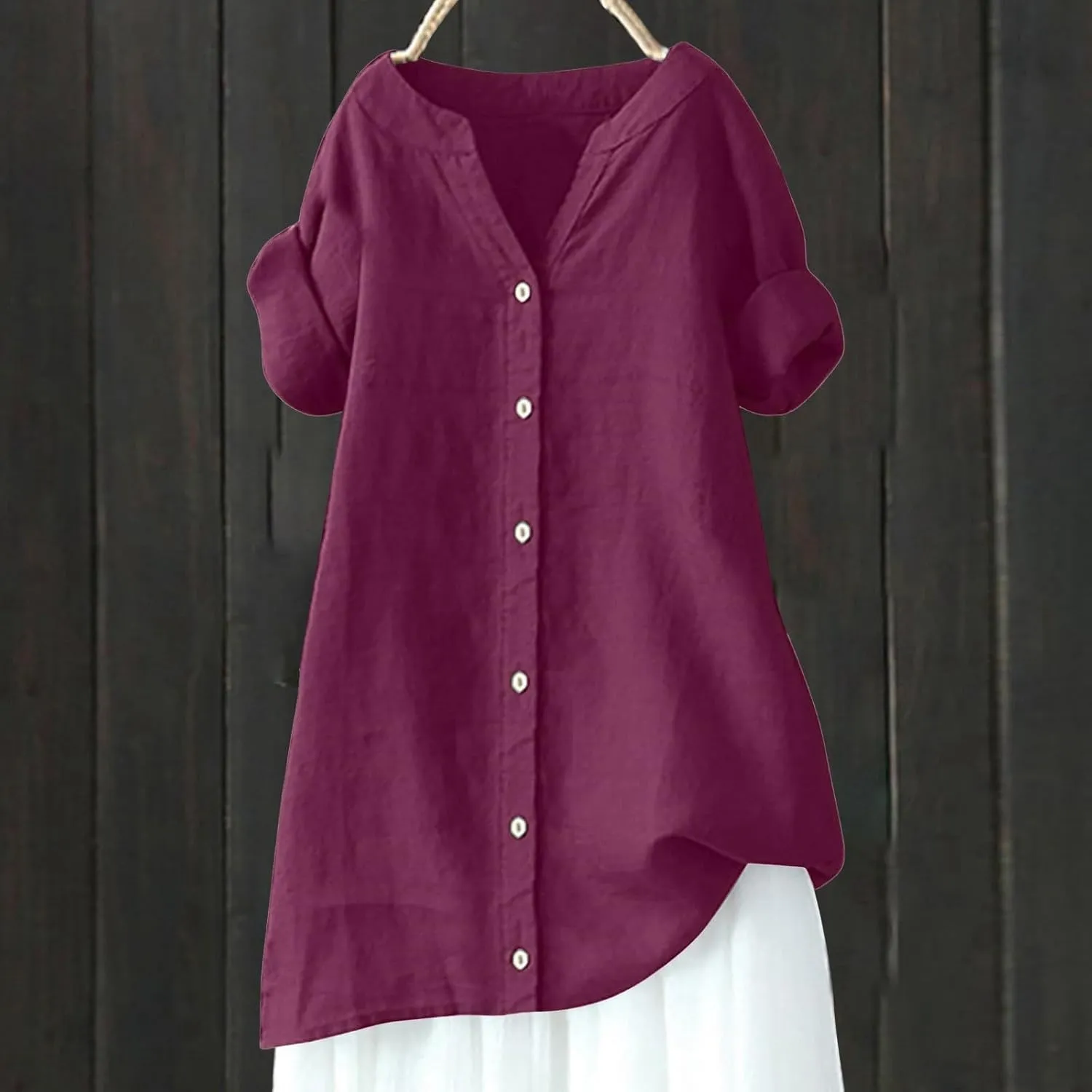 Women's Short Sleeve Linen Shirts Casual Crew Neck Lightweight T-Shirts Button Loose Fit Summer Tee Top