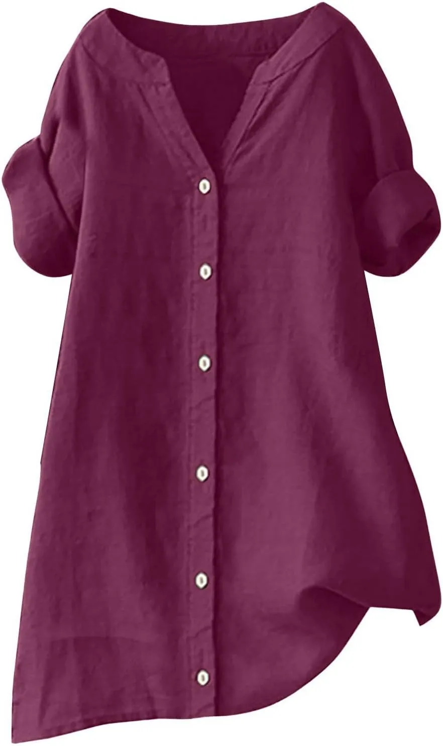 Women's Short Sleeve Linen Shirts Casual Crew Neck Lightweight T-Shirts Button Loose Fit Summer Tee Top