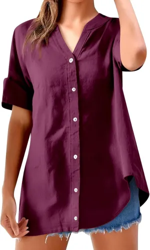 Women's Short Sleeve Linen Shirts Casual Crew Neck Lightweight T-Shirts Button Loose Fit Summer Tee Top