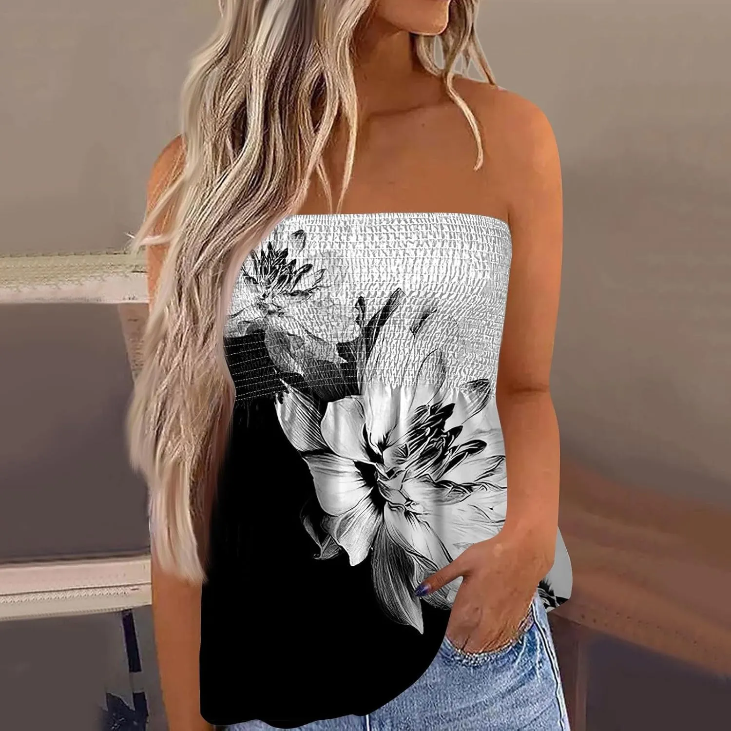 Womens Smocked Strapless Bandeau Tank Tops Floral Tube Tops Backless Bandeau Tunic Tops Sleeveless Shirts