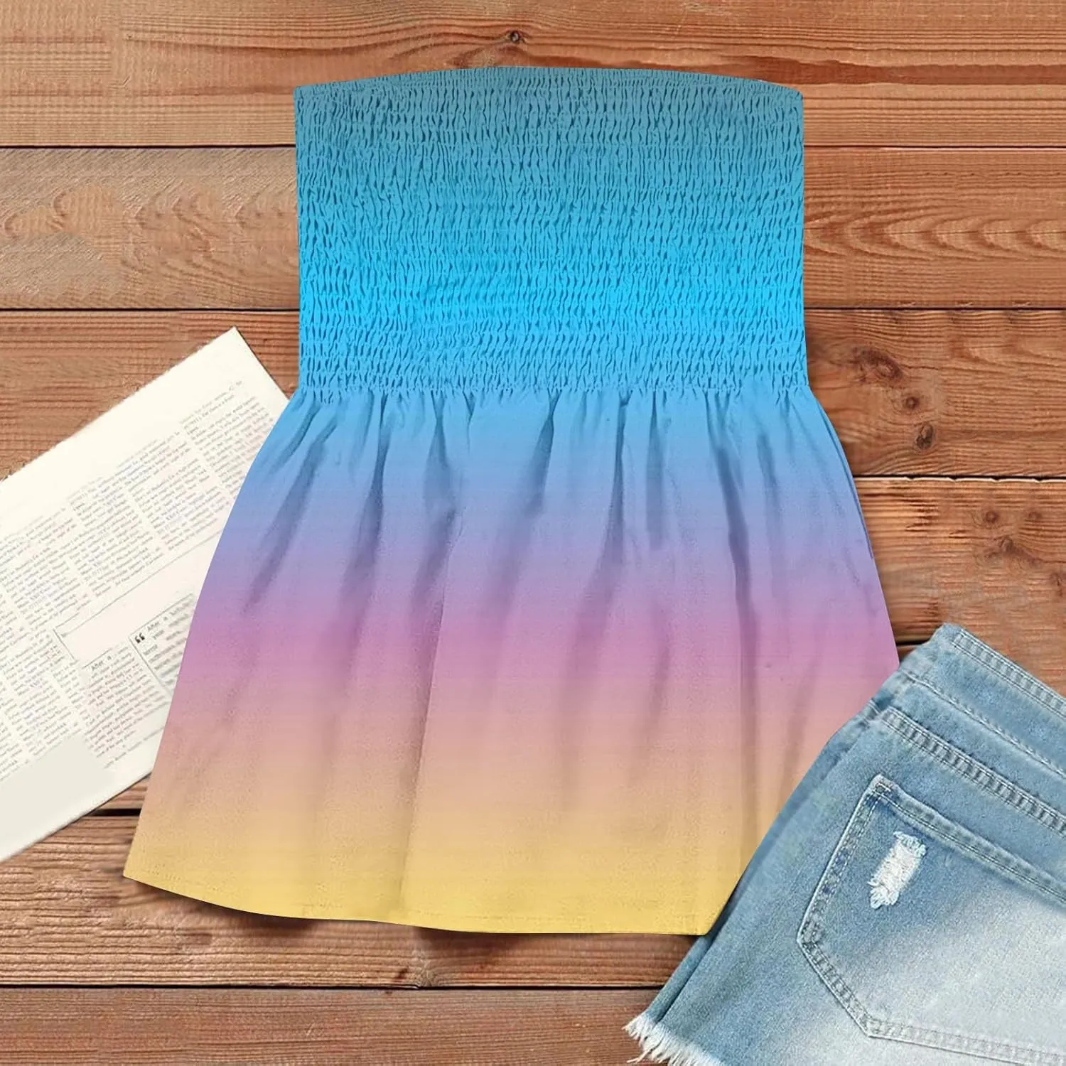 Womens Smocked Strapless Bandeau Tank Tops Floral Tube Tops Backless Bandeau Tunic Tops Sleeveless Shirts