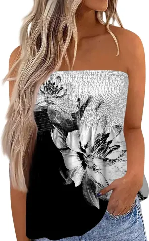 Womens Smocked Strapless Bandeau Tank Tops Floral Tube Tops Backless Bandeau Tunic Tops Sleeveless Shirts